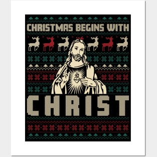 Christmas Begins With Christ Ugly Sweater Pattern Posters and Art